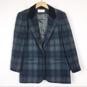 Vintage plaid blazer navy green grey tartan 90s